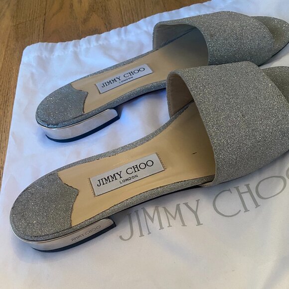 Jimmy Choo Joni Flat Slide Sandals Silver Glitter Size 40 - Picture 1 of 5